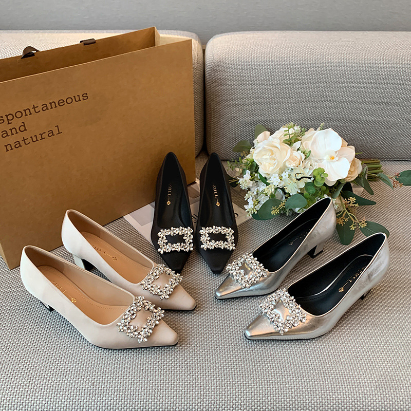Women Formal Wear Heels - Black Satin Pointed Toe Pumps For