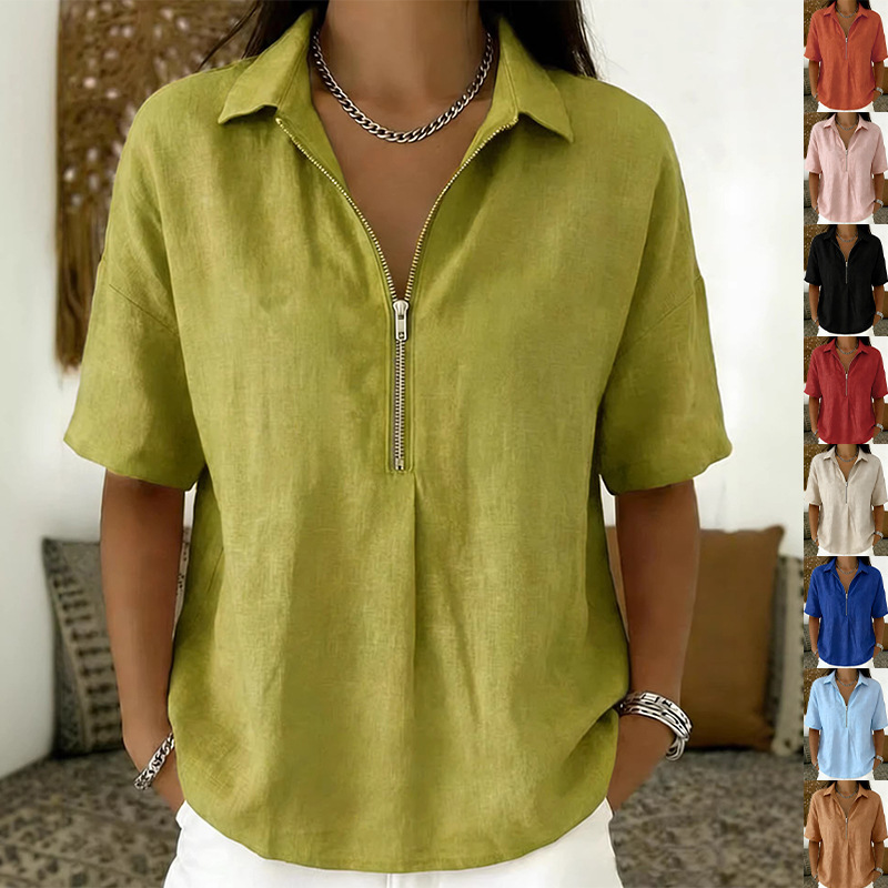 Women Formal Wear Tops - Elegant Turn-Down Collar Zipper Office Blouses