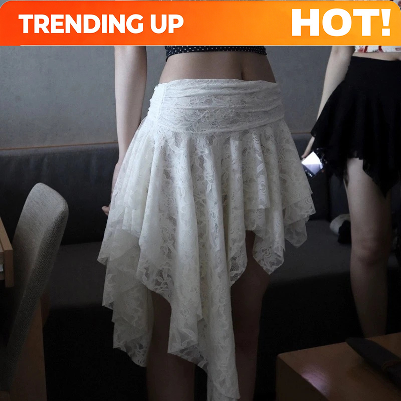 Women Formal Wear Look - Rose Crochet Lace Asymmetric Mini Skirt