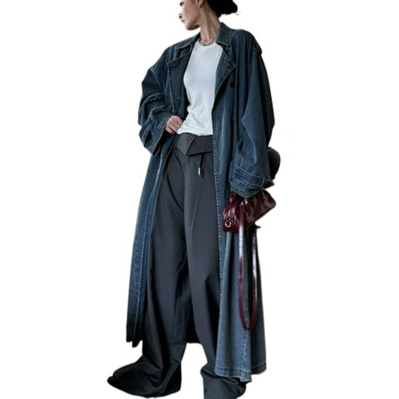 French Retro Washed Denim Tren - Trench Coat Formal 评论和价格