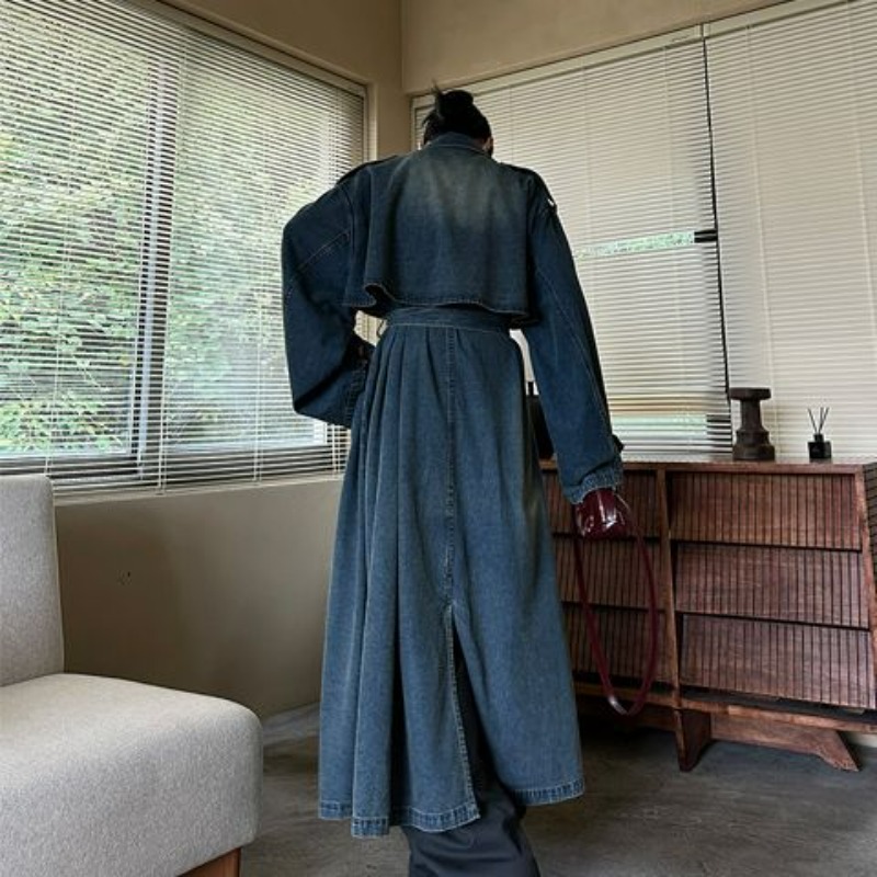 French Retro Washed Denim Tren - Trench Coat Formal 评论和价格