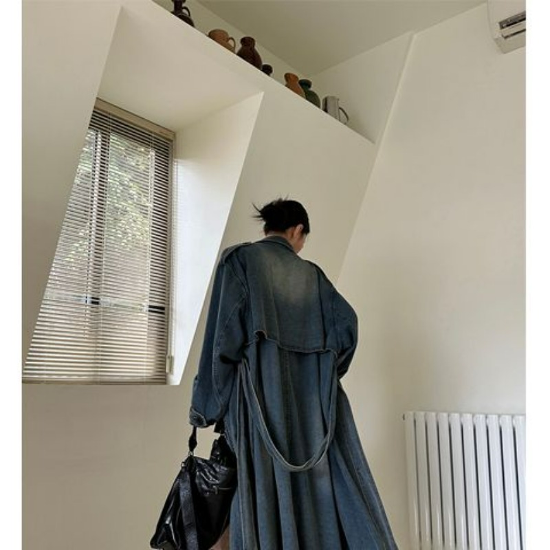 French Retro Washed Denim Tren - Trench Coat Formal 评论和价格