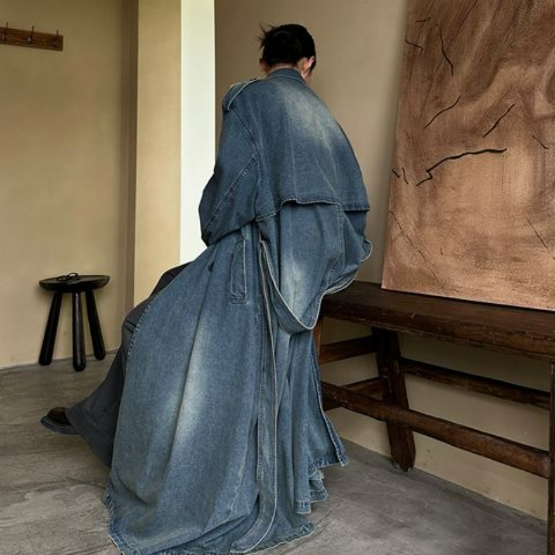 French Retro Washed Denim Tren - Trench Coat Formal 评论和价格